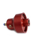 Red anodized waterjet dump valve, side view, blue fitting and brass hex nut.