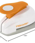 Orange and white Small Circle Lever Punch 0.6 Inch For Cards and Scrapbooks with locking lever, measures 2.75 x 2.13 x 4.92 inches