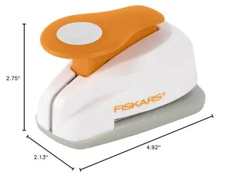 Orange and white Small Circle Lever Punch 0.6 Inch For Cards and Scrapbooks with locking lever, measures 2.75 x 2.13 x 4.92 inches