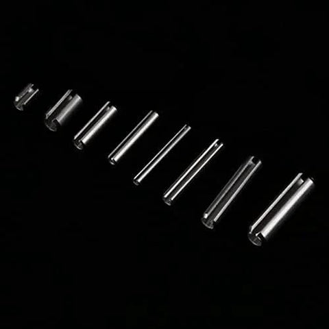 Pro Grade Stainless Steel Roll Pin Kit, 280 Pieces, M1.5 to M8 Slotted Spring Pins, close-up of various pin sizes on black background