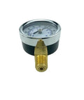 Front view oil burner fuel pressure test gauge, 0-200 PSI, brass threaded fitting, chrome bezel, black body