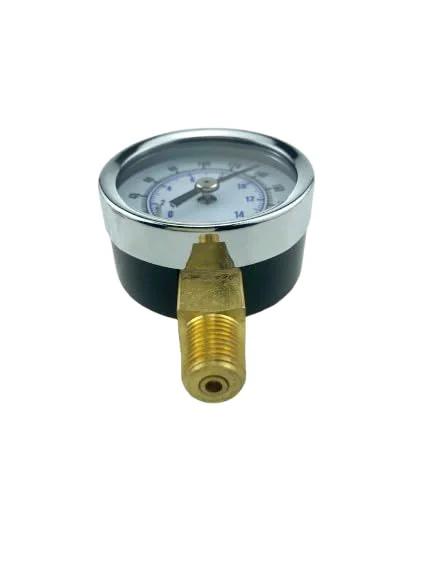Front view oil burner fuel pressure test gauge, 0-200 PSI, brass threaded fitting, chrome bezel, black body