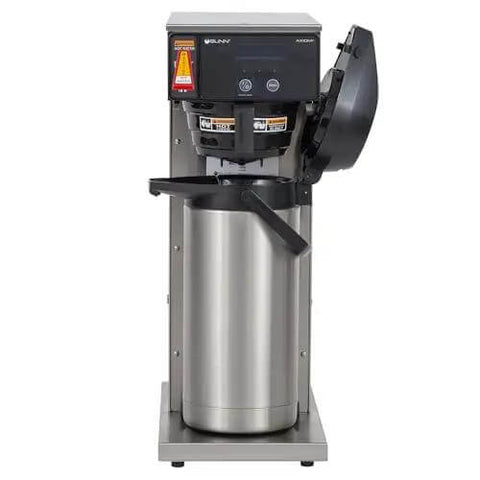 Front view of Axiom Dual Voltage Airpot Coffee Brewer With LCD, Programmable Brew Levels, Cold Brew Lockout, and 200 oz capacity.