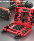 Impact Nut Driver Bit Set, 31-Piece Magnetic Socket Kit For Drill shown in red case with various bits and a drill.