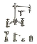 Solid Matte Antique Copper Bridge Faucet With Twelve Inch Articulated Spout And Darn Sharp Cross Handles Four Piece Suite, showcasing faucet spout and cross handles design.