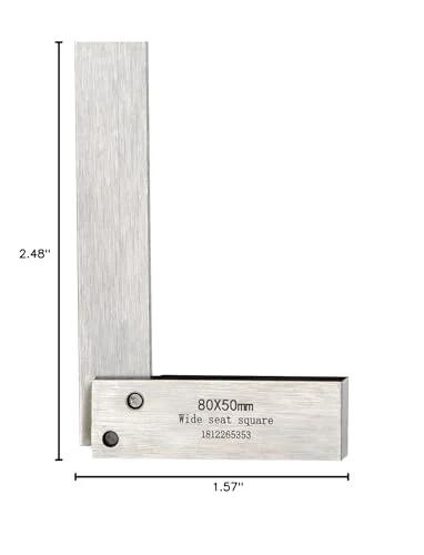 Front view of a silver hardened-steel machinist square, 80x50mm, 90-degree right angle, 4-piece set