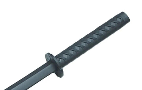 Close-up of the handle of the Polypropylene Katana Trainer With False Woodgrain Texture And Lightweight Sheath For Safe Practice Gear.