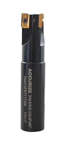Accusize 3/4 in square-shoulder indexable end mill with APKT11T3 carbide inserts, 3-flute, black shank.