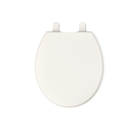 Top view of Quiet Close Round Toilet Seat With Grip Tight Bumpers And Quick Attach Hardware In Biscuit Fits Most Round Toilets