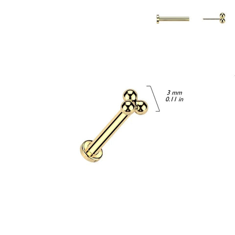 Gold PVD Titanium Threadless Push In Triple Ball Cluster Flat Back Ear Stud For 16 20 Gauge 6mm Or 8mm Bar Length 3mm Balls Implant Grade ASTM F 136 Body Jewelry, 3mm balls