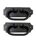 Moladah Hand Forged Iron Drop Pulls Two Pack Matte Black Finish for vintage wood cabinets drawers and sheds front view.