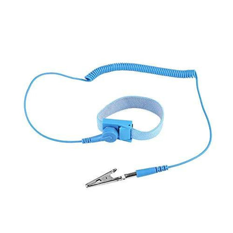 Blue anti-static wrist strap with coiled grounding cord and plug for electronics repair