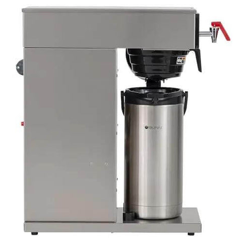 Side view of Axiom Dual Voltage Airpot Coffee Brewer With LCD, Programmable Brew Levels, Cold Brew Lockout, and 200 Oz Capacity