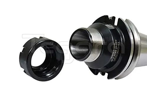Close-up of CAT40 ER25 2.5 Inch Projection Collet Chuck Tool Holder Set Of 4, showing nut and tool holder connection.