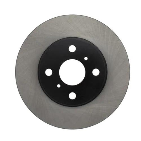 Front view of Centric Premium front brake rotor with black center hub and five lug holes, gray disc