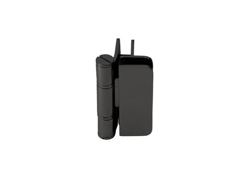 Top view of Zephyr 180 Degree Glass-To-Glass Overlap Outswing Hinge in matte black finish, heavy-duty stainless steel