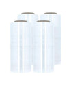 128 Rolls Of 17 Inch Pre Stretch Shrink Wrap, 48 Gauge Clear Plastic Film With Pro Grip Self Adhesion, No Sweat Application For Moving Hauls, Pallet Wrapping, Quick Shipping Prep, And Reliable Long Term Storage Kits in a stack.
