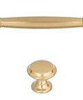 Brass cabinet handle and knob on white background, similar style to Barrow Pull Polished Nickel 5-1/16 Inch Bar Handle Grace Collection.