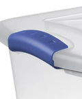 Detail of blue latch on 27 Quart Clear Plastic Storage Bin With Lock Down Latching Lid Stackable Organizer Tote.