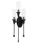 Heavy Duty Black Iron 3 Light Wall Sconce With Clear Glass Shades Damp Rated Bathroom Vanity Fixture Solid Steel Build, 27.5 tall.