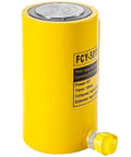 Yellow 50T hydraulic cylinder jack with steel body, side view showing top cap and bottom valve.