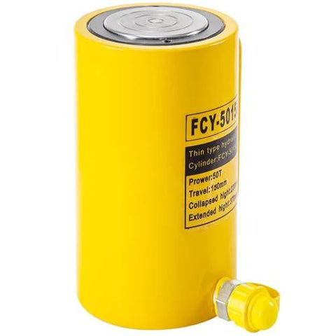Yellow 50T hydraulic cylinder jack with steel body, side view showing top cap and bottom valve.