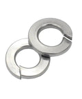 Close-up of Heavy Duty 304 Stainless Steel Spring Lock Washers 100 Pack 5/16 Inch Durable Split Lock Rings, rust resistant.