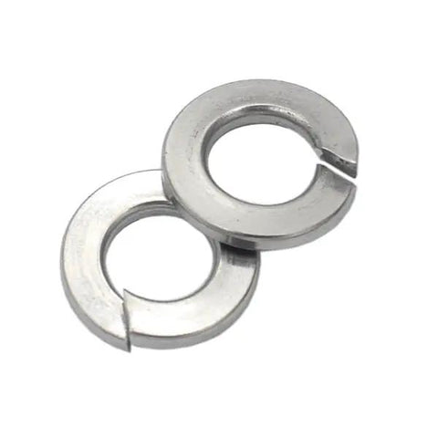 Close-up of Heavy Duty 304 Stainless Steel Spring Lock Washers 100 Pack 5/16 Inch Durable Split Lock Rings, rust resistant.