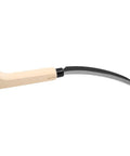 K202 Lavender Harvest Sickle And Berry Knife With Notched Wooden Handle, One Handed Go To Field Cutter, showing curved serrated blade.