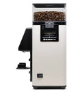 Heavy Duty Automatic Espresso Coffee Grinder White With Dual Programmable Dosing Rings Micro Burr Precision Plus Slick Touchscreen Panel For No Hassle Barista Level Brews Smooth Operation Verified side view with coffee beans.