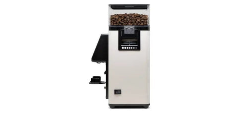 Heavy Duty Automatic Espresso Coffee Grinder White With Dual Programmable Dosing Rings Micro Burr Precision Plus Slick Touchscreen Panel For No Hassle Barista Level Brews Smooth Operation Verified side view with coffee beans.