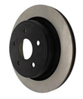 Rear brake rotor with silver disc and black center hub, angled side view.
