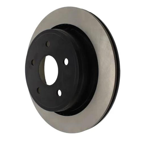 Rear brake rotor with silver disc and black center hub, angled side view.