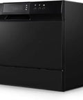 Front view of black COMFEE’ countertop dishwasher with digital control panel.