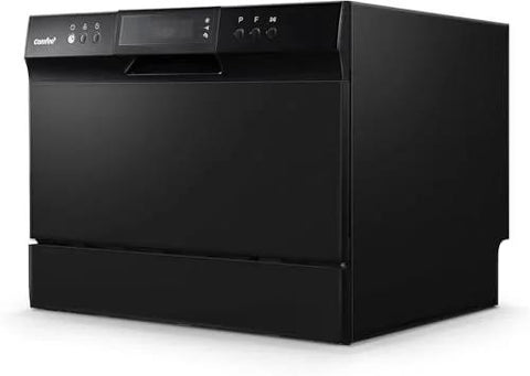 Front view of black COMFEE’ countertop dishwasher with digital control panel.