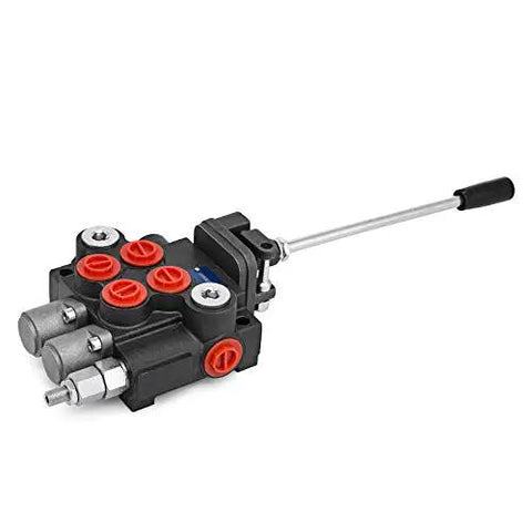 Heavy Duty Dual Spool Hydraulic Joystick Valve For Double Acting Cylinders With 11 GPM Flow And 3600 PSI Range, Directional Control Valve For Tractors, Loaders, Tanks And Log Splitters, Built Tough And Reliable shown in front view