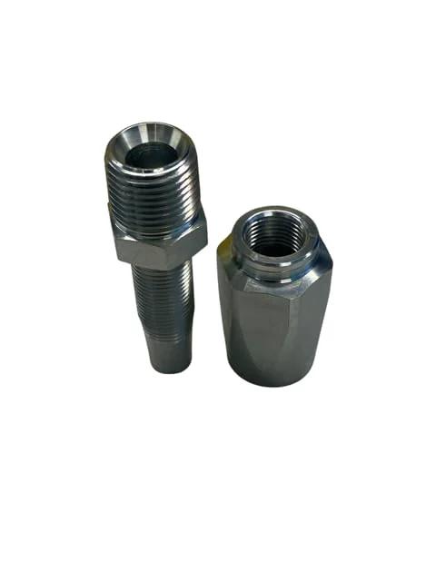 Two steel hydraulic fittings for 1/2 inch hose: male NPT connector and female coupling