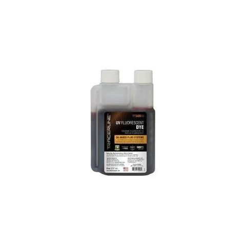 Tracer TP3400-8 UV fluorescent leak-detection dye bottle for automotive use, dark plastic with dual caps
