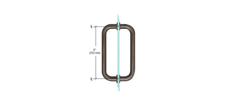 Front view of Oil Rubbed Bronze Tubular Back-To-Back Pull Handle With Metal Washers For Glass Doors, 8 In Center-To-Center, Heavy 3/4 In Diameter, BM Series, Decorative Washers Conceal Hole Defects In Glass