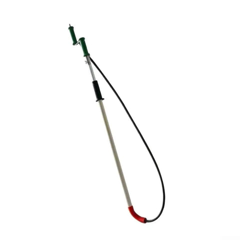 Heavy Duty Manual Toilet Auger Six Foot Steel Drain Snake With Long Handle; steel, curved tip for clogs, black and red grip.