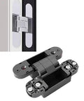 Close-up of hidden door hinges for concealed doors, invisible, heavy duty 3D adjustable, made from durable zinc alloy, silver and black.
