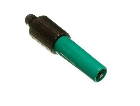 Forty Piece Heavy Duty Garden Hose Connectors And Adjustable Spray Nozzles With Slick Quick Fix Couplers For Half Inch Pipe And Hassle Free Water Flow Plus Grippy Green Valves, close-up of adjustable black and green spray nozzle.