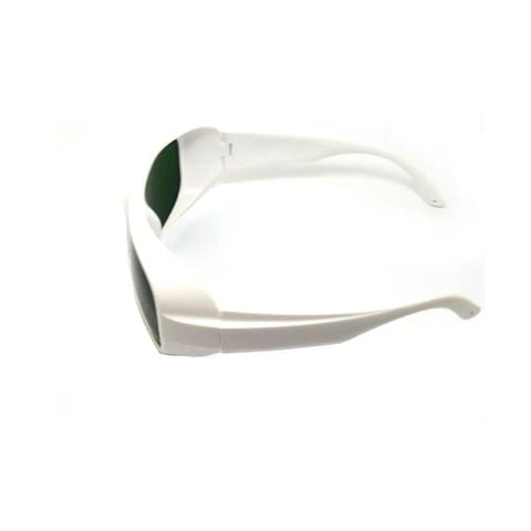 Top Tier Infrared Laser Protective Glasses With Nd:Yag Optical Density Eight Plus Clear Lens side view with white frame and green lens.