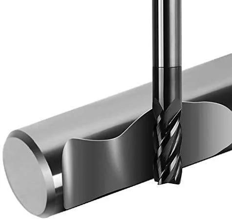 Close-up of carbide square end mill bit, 1/2 in, 4-flute, cutting into a steel bar