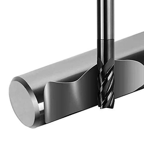 Close-up of a carbide end mill with spiral flutes and straight shank cutting a metal cylinder