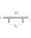 Euro Bar Cabinet Handle Satin Nickel Finish Five And Three Eighths Inch Long With Three Inch Center To Center Holes, front view with dimensions