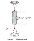 Diagram of Medium Double Socket Arm For B Size 1 Inch Ball Components with measurements 3" to 3.73", illustrating tilt and swivel.