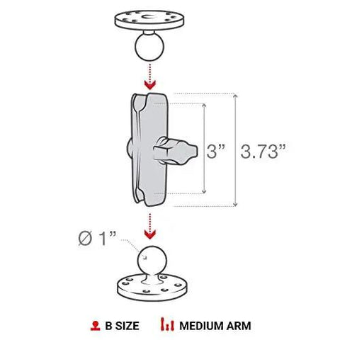 Diagram of Medium Double Socket Arm For B Size 1 Inch Ball Components with measurements 3" to 3.73", illustrating tilt and swivel.
