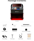 AlgoLaser 10W portable laser engraver with 3.5-inch touchscreen, package contents icons for 10 items shown.
