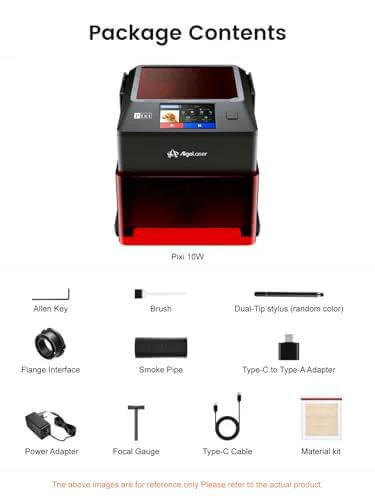AlgoLaser 10W portable laser engraver with 3.5-inch touchscreen, package contents icons for 10 items shown.